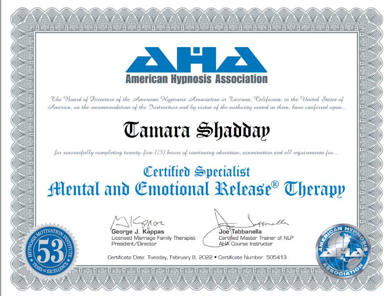 Certified Specialist Mental and Emotional Release Therapy