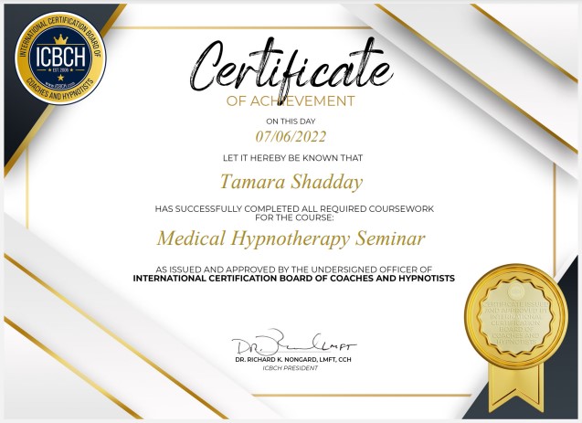 Shadday Medical Hypnotherapy Seminar Course Completion Certificate