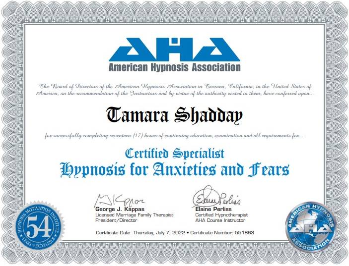 Certified Specialist Hypnosis for Anxiety and Fears
